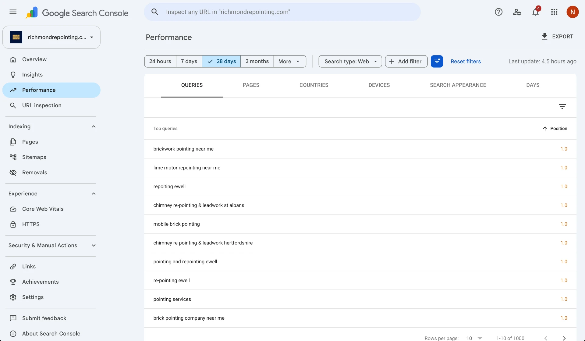 Google Search Console showing number one rankings for local repointing searches