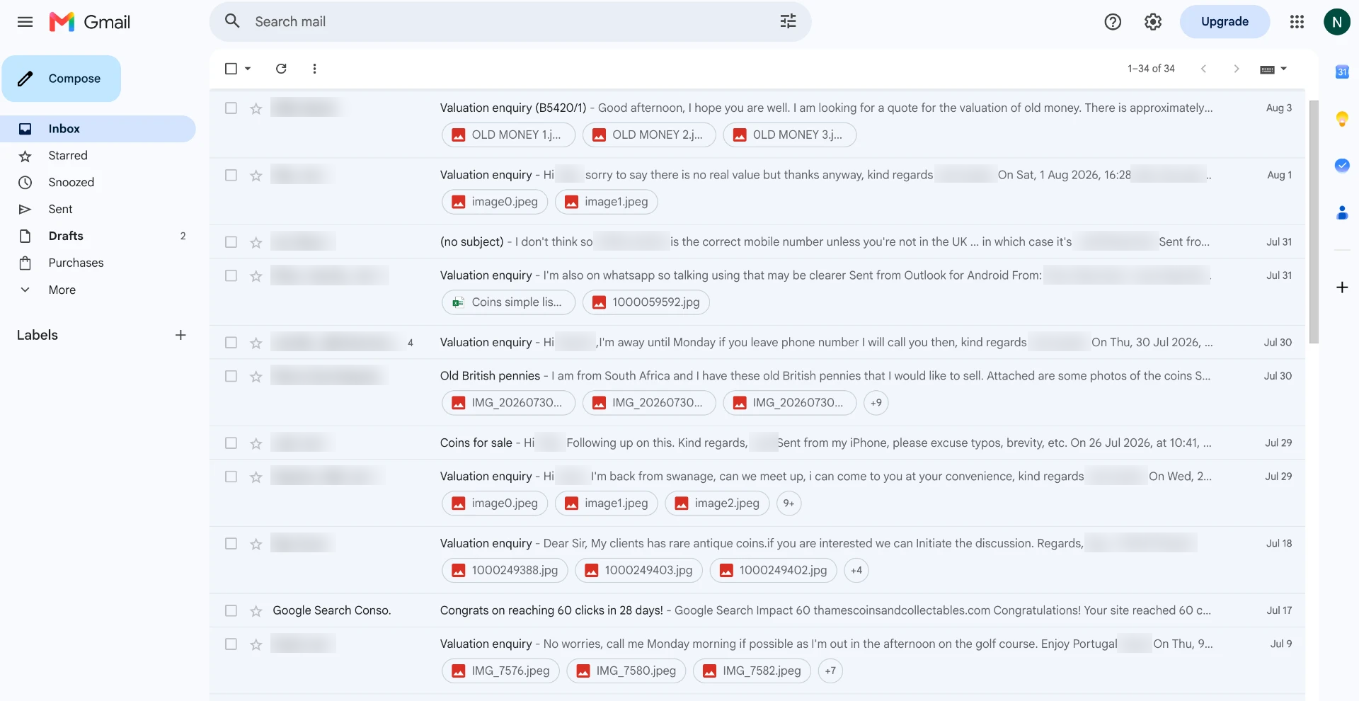 Anonymised Thames Coins and Collectables inbox showing customer enquiries