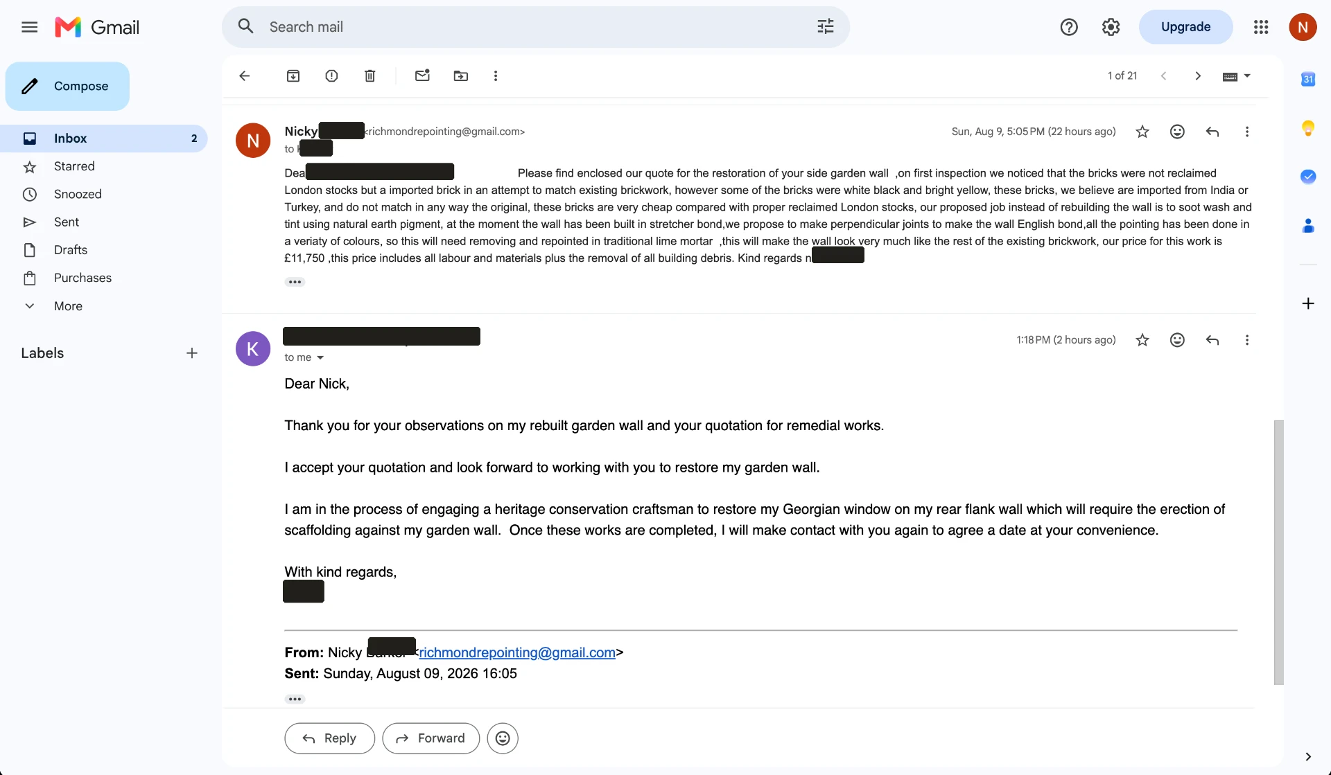 Customer email accepting an £11,750 brickwork restoration quote
