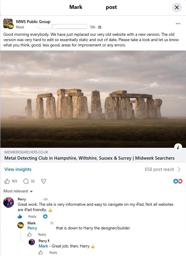 Facebook post sharing the new Midweek Searchers website with 103 reactions and 32 comments