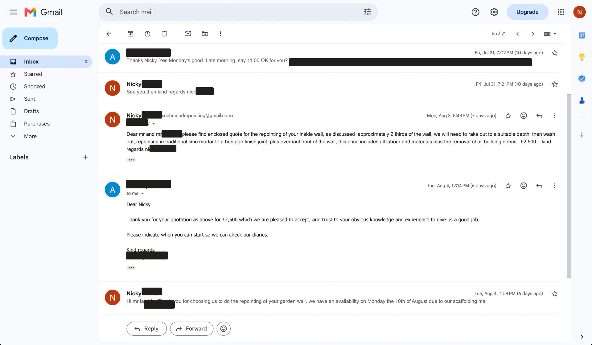 Customer email accepting a £2,500 repointing quote generated through local SEO